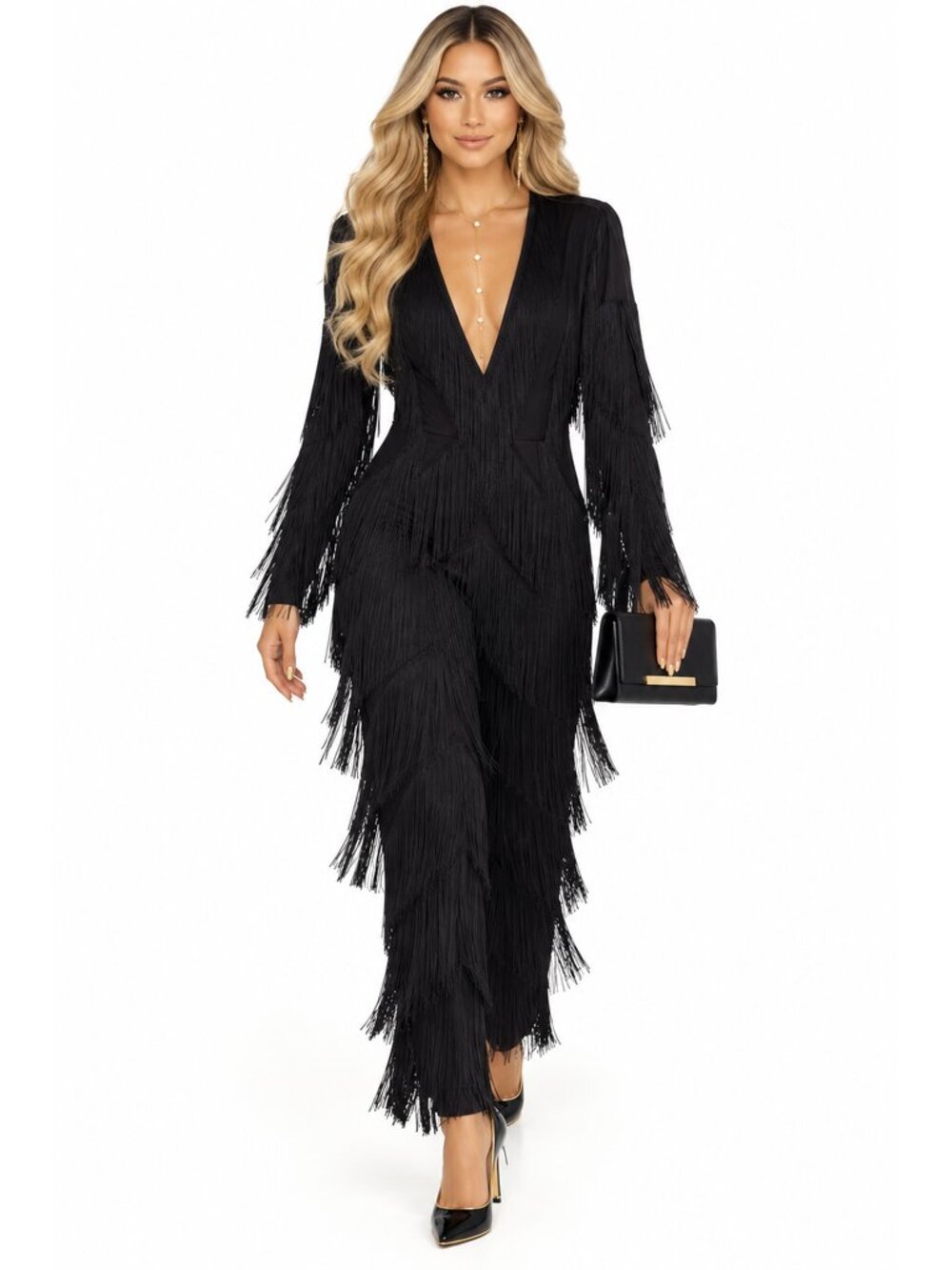 Miss Ord Black Fringe Long Sleeve Deep V Jumpsuit Size Large NWT